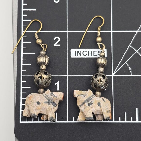 VTG Elephant Dangle Earrings 2.25" Carved Wood & Antique-Style Silver Beads - Picture 11 of 11